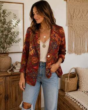 JH Collectibles 100% Silk Floral Blazer Jacket Boho Cottagecore Size 6